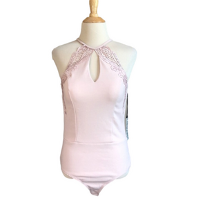 HAUTE MONDE Blush Lace Detail Halter Sleeveless Bodysuit Women's Medium NEW‎